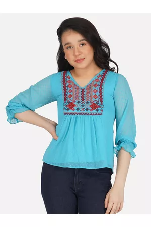 Antheaa Girls Turquoise Blue & Red Embroidered Chiffon Top
