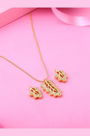 ESTELE Gold Plated Leaf Designer Pendant Set with Austrian Crystals for Women