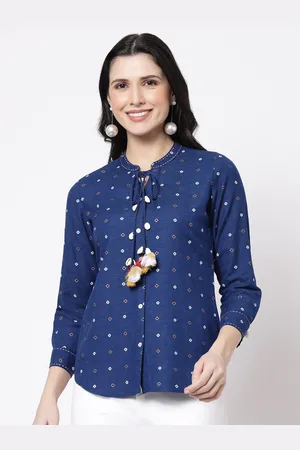 bellamia Women Blue Custom Tailored Fit Printed Tie-Up Neck Casual Shirt