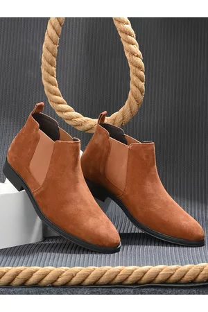 San Frissco Men Tan Brown Solid Suede Leather Slip On Casual Chelsea Boots