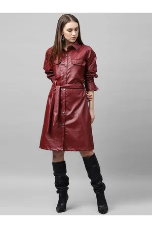 ATHENA Women Maroon Solid Leather Shirt Dress