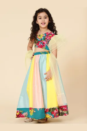 A.T.U.N. A T U N Girls Blue & Pink Printed Ready to Wear Lehenga & Blouse With Dupatta