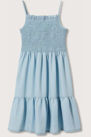 MANGO Blue Solid Smocked Fit & Flare Dress