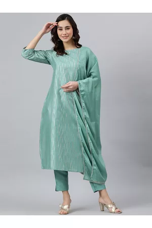 Janasya Women Green Poly Silk Striped Kurta with Trouser and Dupatta