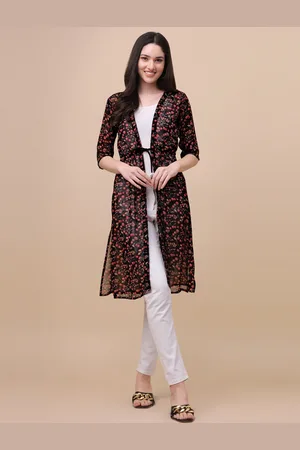 GUFRINA Women Black & Red Printed Longline Tie-Up Shrug