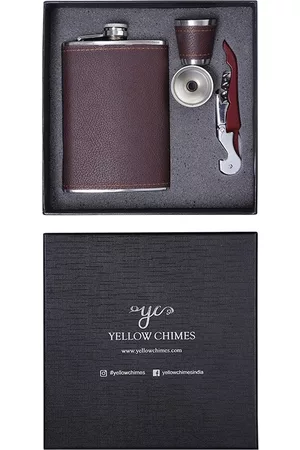 Yellow Chimes Men Maroon & Silver-Toned Leather Flask Accessory Gift Set