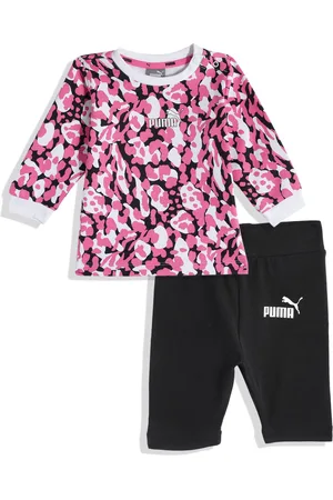 PUMA Unisex Kids Pink & Black Printed T-shirt with Leggings Set