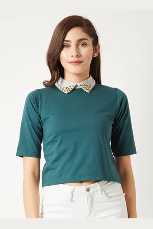 Miss Chase Women Teal Solid Pure Cotton Top