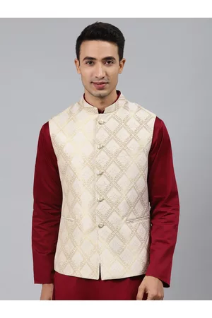 MANQ Men White Woven Jaquard Silk Nehru Jacket