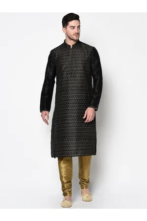 DEYANN Men Black & Olive Brown Woven Design Kurta with Churidar