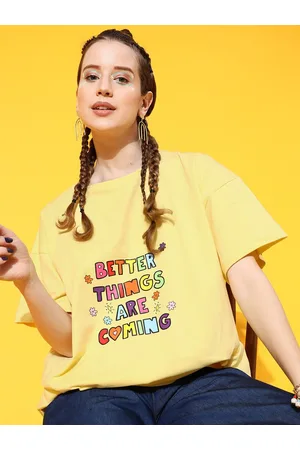 STREET 9 Women Yellow Printed Cotton Drop-Shoulder Sleeves Bio Finish Oversized T-shirt