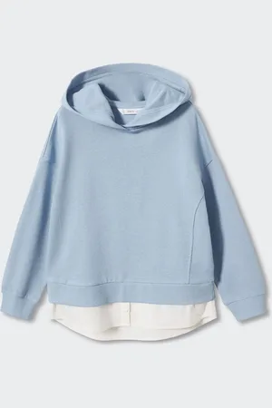 MANGO Girls Blue Solid Hooded Sustainable Pure Cotton Sweatshirt