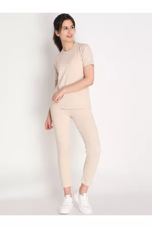 CHKOKKO Women Beige T-shirt with Joggers