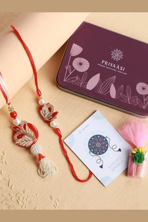 Priyaasi Red Beaded Fancy Bhaiya Bhabhi Rakhi Set