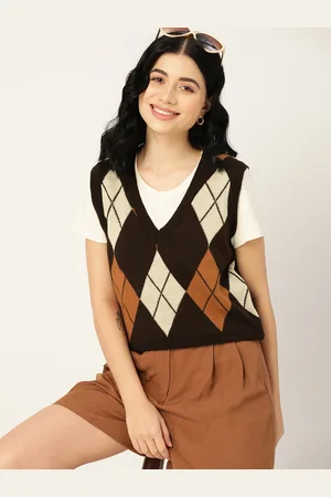 DressBerry Women Brown & Off White Geometric Sweater Vest