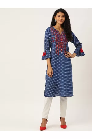 Antheaa Women Blue & White Embroidered Yoke Design & Printed Straight Kurta