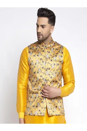 Kaifoo Men Yellow & Grey Floral Printed Woven Design Nehru Jacket