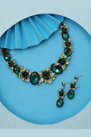 SOHI Silver-Plated Teal Blue & Green Stone Studded Jewellery Set