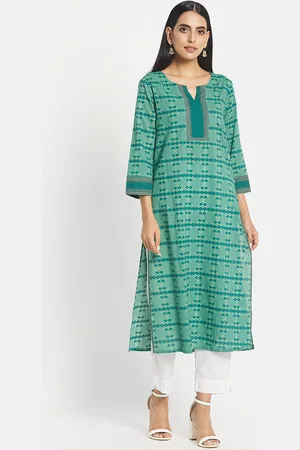 Fabindia Women Green Printed Keyhole Neck Kurta