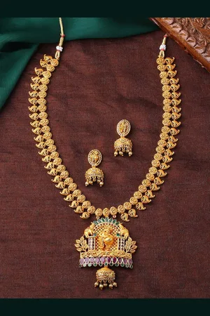 ESTELE Gold Plated CZ Lord Krishna Designer Necklace Set with Pearls for Women
