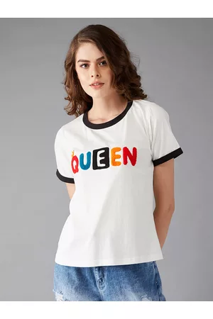 DOLCE CRUDO Women White Printed Round Neck Pure Cotton T-shirt