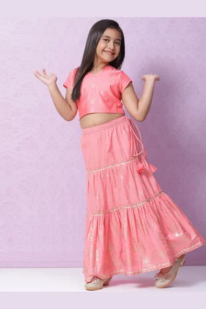Biba Girls Peach-Coloured & Gold-Toned Printed Ready to Wear Lehenga & Blouse