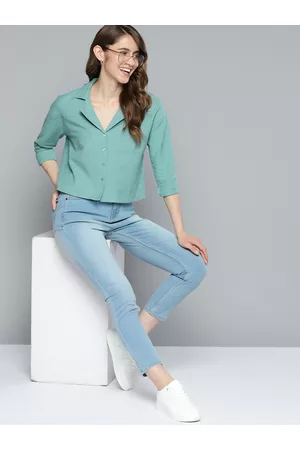 Mast & Harbour Women Green Cotton Linen Crop Casual Shirt