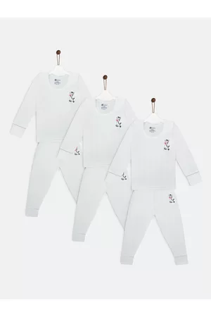 YK Kids Pack Of 3 Off White Striped Animal Printed Ribbed Thermal Set