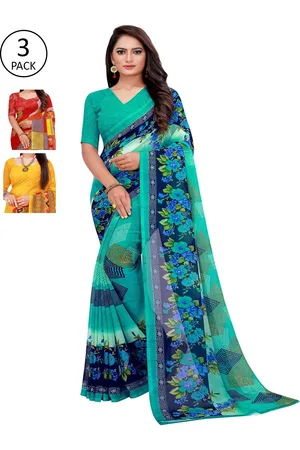 Saadhvi Pink & Yellow Set Of 3 Floral Printed Pure Georgette Saree