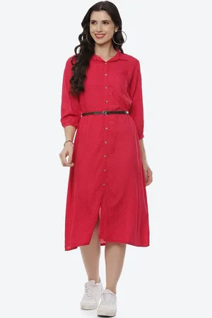 Rangriti Women Fuchsia Shirt Midi Belted Dress