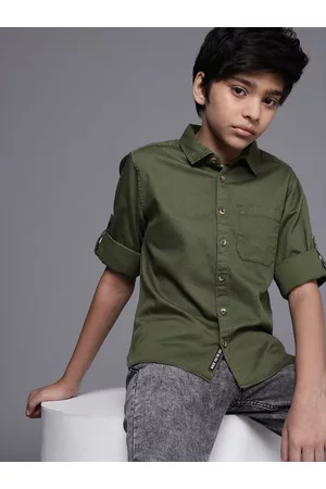 WROGN Boys Olive Green Slim Fit Pure Cotton Casual Shirt