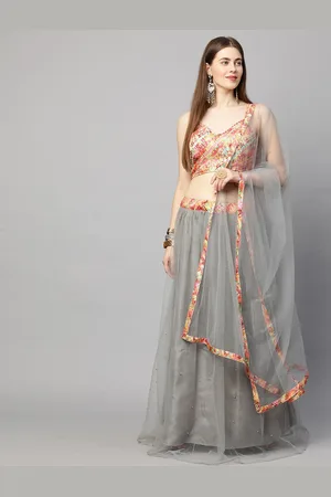 RedRound Grey & Red Embroidered Semi-Stitched Lehenga & Unstitched Blouse With Dupatta