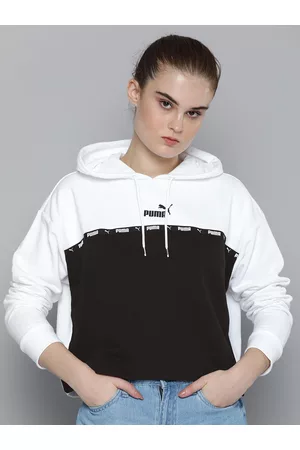 PUMA Women White & Black Colourblocked Hooded Relaxed Fit Power Tape Sweatshirt