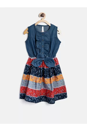 StyleStone Girls Blue & Red Floral Print Denim Fit & Flare Dress