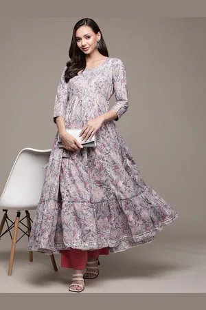 Ishin Women Purple & Pink Pure Cotton Floral Embroidered Tiering Anarkali Kurta