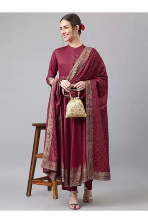 Khushal K Women Maroon Ethnic Motifs Kurta with Churidar & With Dupatta