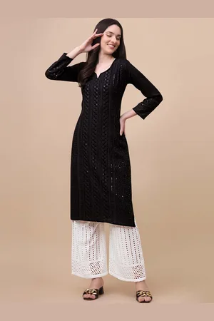 GUFRINA Women Black & White Floral Embroidered Chikankari Kurta with Palazzos