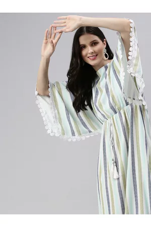 SHOWOFF Women Sea Green Striped Boat Neck Kaftan Dress
