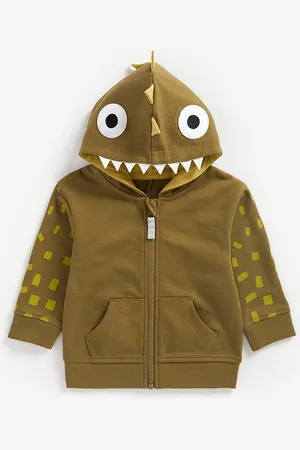 Mothercare Boys Khaki Brown 3D Dino Spikes Pure Cotton Hooded Sweatshirt