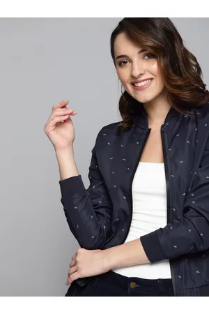 Mast & Harbour Navy Blue Women Printed Bomber Jacket