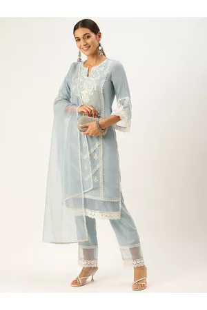 SWAGG INDIA Women Grey Floral Embroidered Thread Work Chanderi Silk Kurta with Trousers & With Dupatta