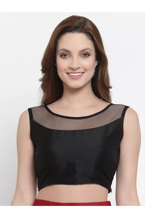 NEUDIS Women Black Sheen Sheer Silk Black Fitted Blouson Crop Top