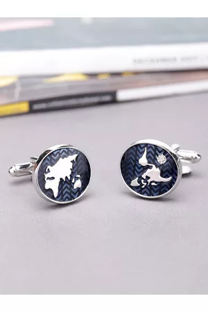 Yellow Chimes Navy Blue & Silver-Toned Round Cufflinks