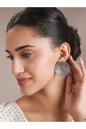 Priyaasi Silver Toned Oxidised Circular Studs Earrings