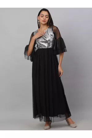 NEUDIS Women Black Embellished Net Maxi Dress