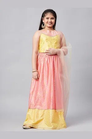 Stylo Bug Girls Yellow & Pink Printed Layered Ready to Wear Lehenga & Blouse With Dupatta