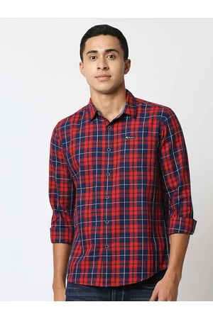 Pepe Jeans Men Navy Blue and Red Tartan Checks Checked Casual Shirt