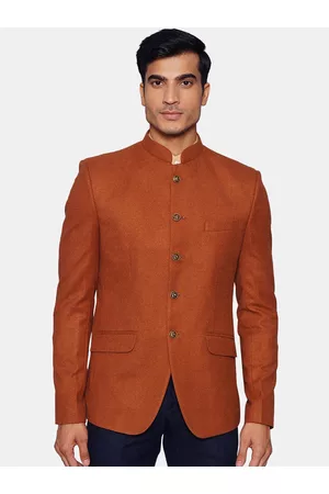 Wintage Men Rust-Orange Solid Woolen Bandhgala Blazer