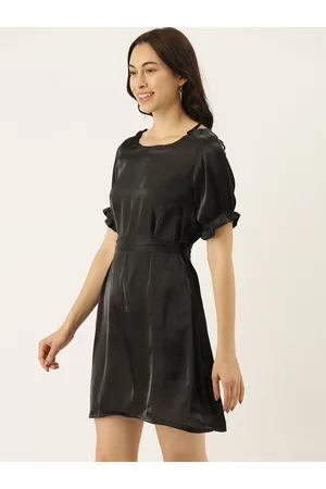 Campus Women Black Solid A-Line Dress With Belt