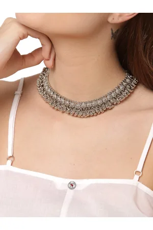 Shining Diva Women Silver-Toned Oxidised Necklace with Chains